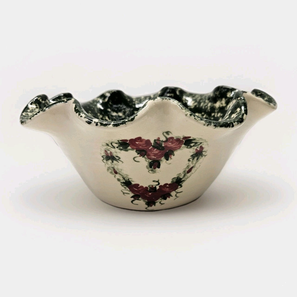 Vtg East Texas Pottery Heart Floral Green Sponge Stoneware Cottage Serving Bowl