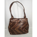 Vintage 70s Handmade Faux Leather Brown Tote Handbag Purse Shoulder Bag Chevron