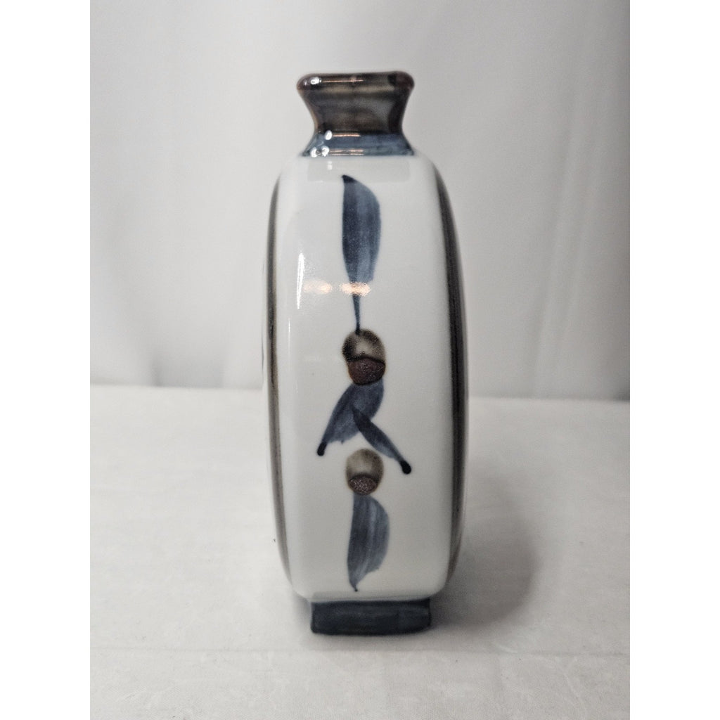Vintage Japanese Flask Shaped Glazed Blue and White Pottery Vase Embossed Mark