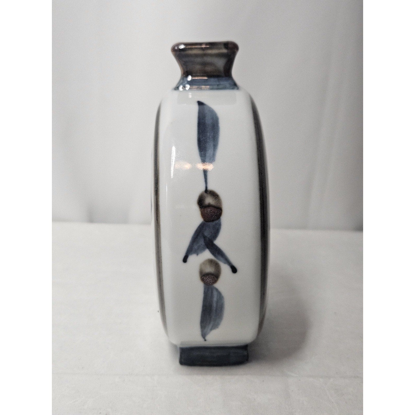 Vintage Japanese Flask Shaped Glazed Blue and White Pottery Vase Embossed Mark