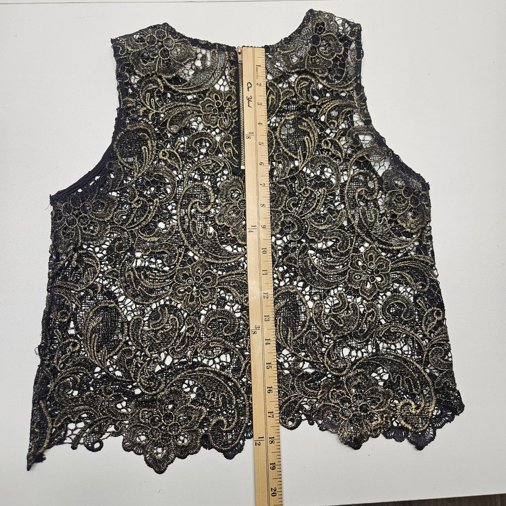 Vtg Sans Souci Black and Gold Metallic Lace Sleeveless Party Tank Top Zipper XS