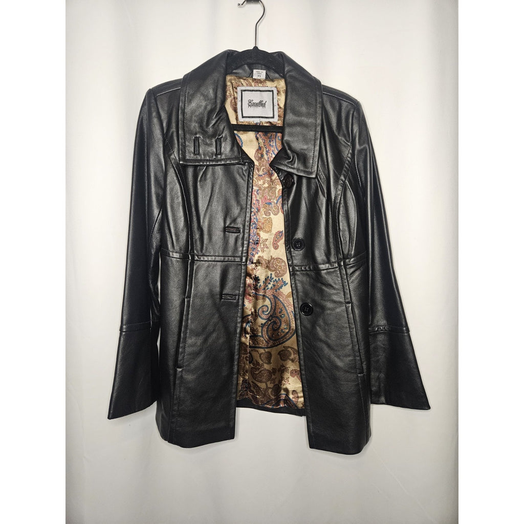 Vintage Excelled Womens Black Leather Jacket XS Midi 3 Button Collared