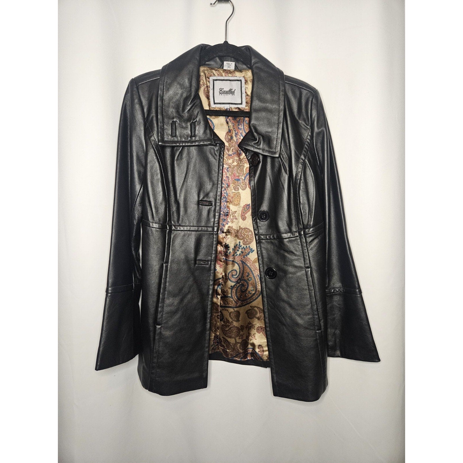 Vintage Excelled Womens Black Leather Jacket XS Midi 3 Button Collared