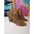 Report Peep Toe Heeled Booties Brown Faux Leather Heels Sandals Size 9 Elise