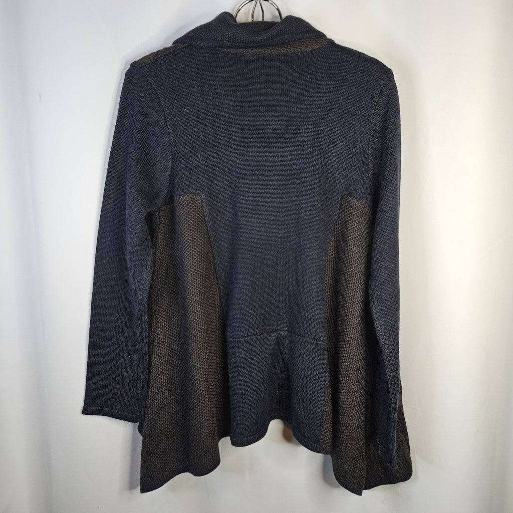 Woman’s Gizel Blue & Brown Block Design Sweater Jacket Acrylic Wool Blend L/XL