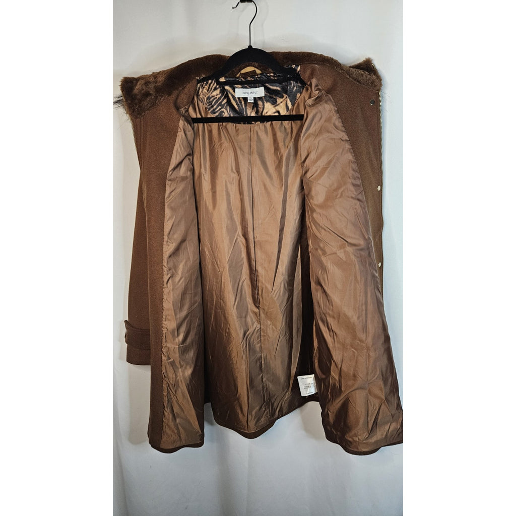 Nine West Hooded Faux Fur Trim Wool Blend Peacoat Size XL Brown Long Jacket