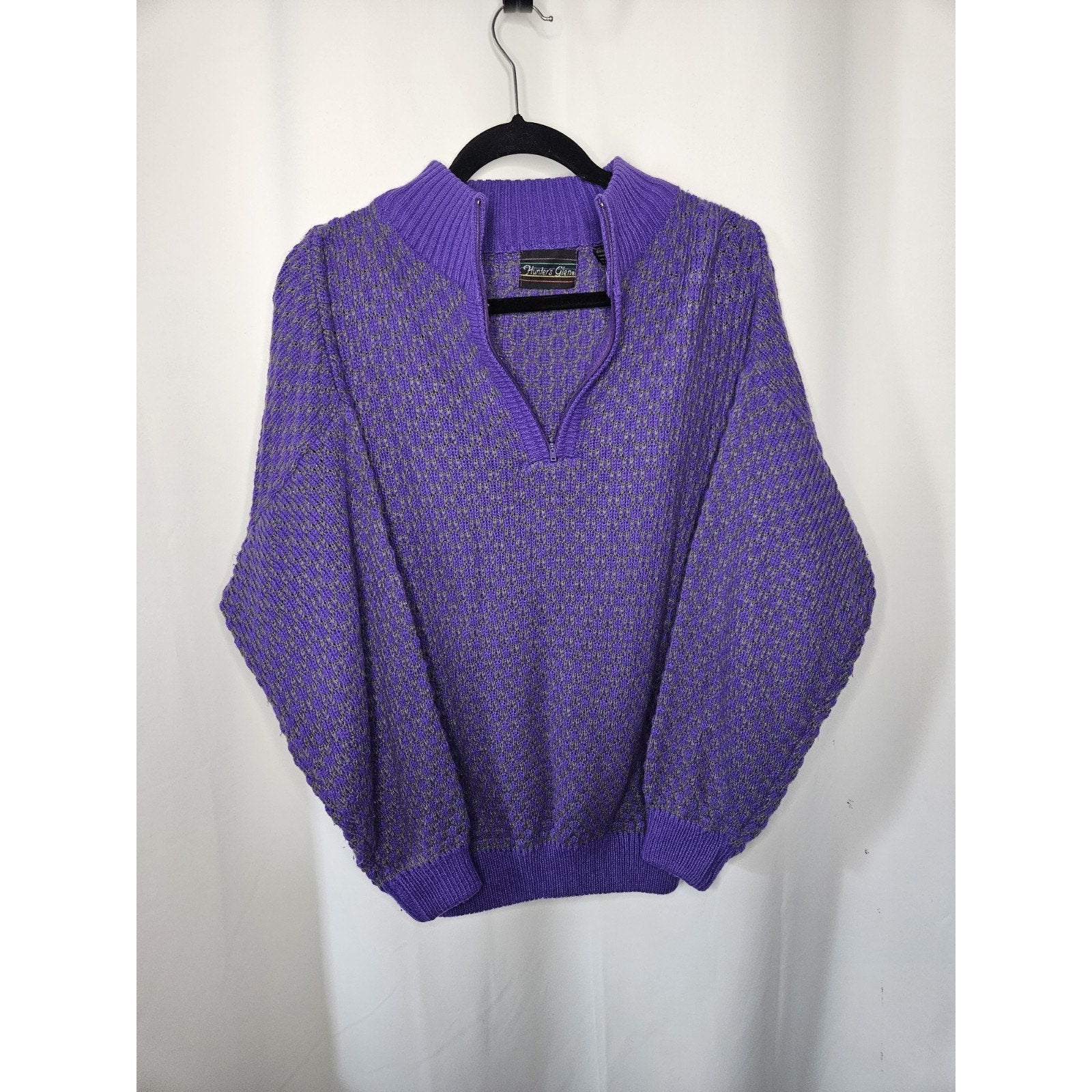 Vintage Hunter Glen Open Knit Sweater Large Purple Gray 1/4 Zip Lightweight