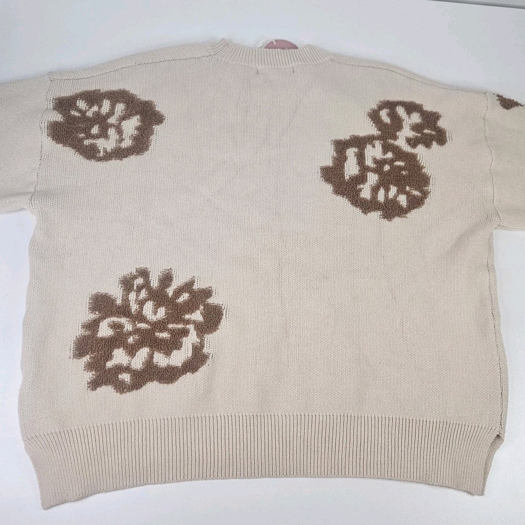 NWT Intarsia Floral Knitted Oversized Sweater Large Cream Brown Flowers