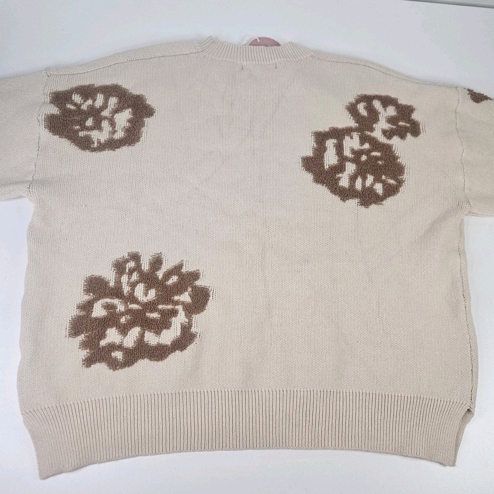 NWT Intarsia Floral Knitted Oversized Sweater Large Cream Brown Flowers