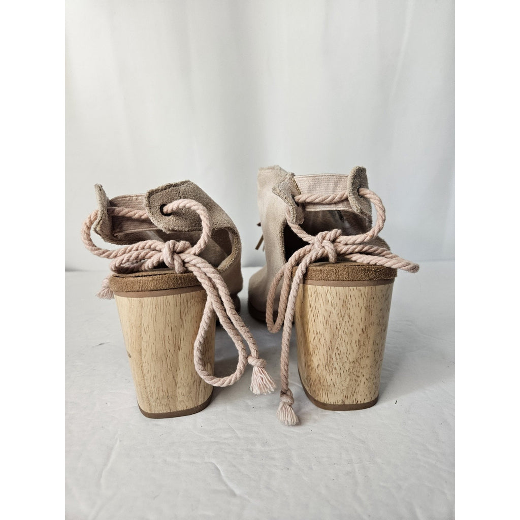 Toms Light Blush Pink Suede Tassel Block Heel Open Toe Booties 9