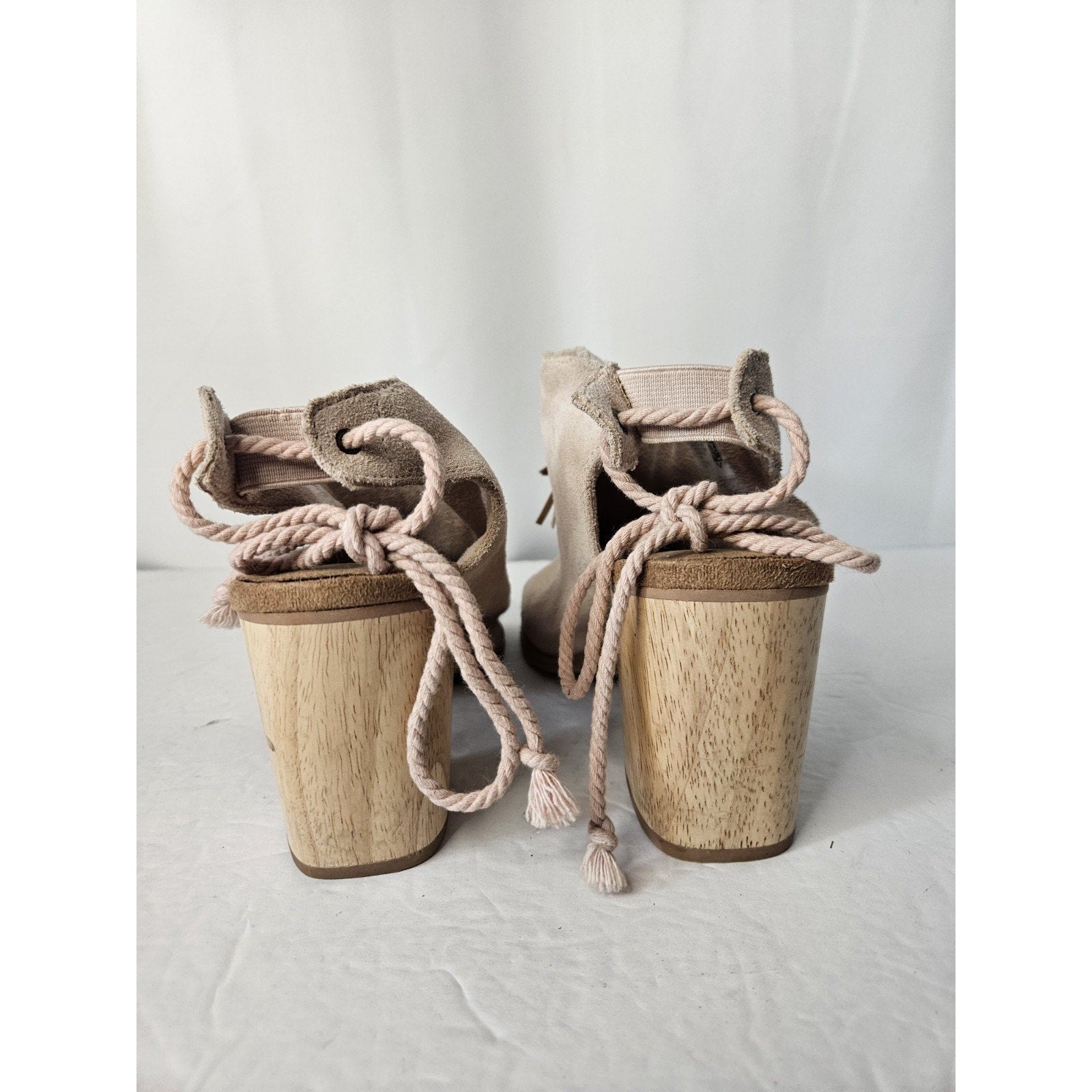Toms Light Blush Pink Suede Tassel Block Heel Open Toe Booties 9