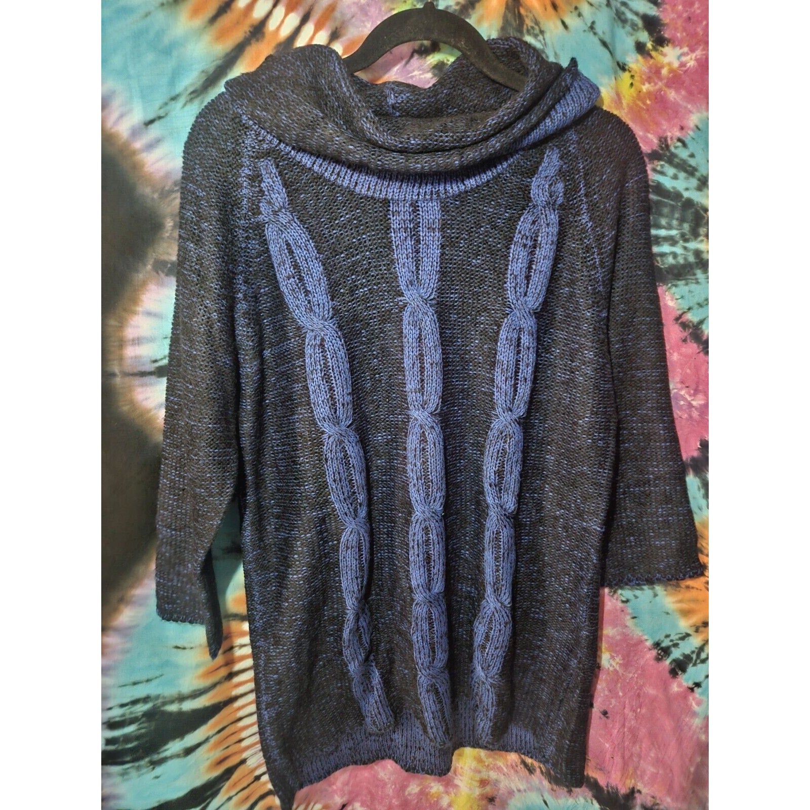 Notations Blue Black Knit Cowl Neck Midi Sweater 3/4 Sleeves XL