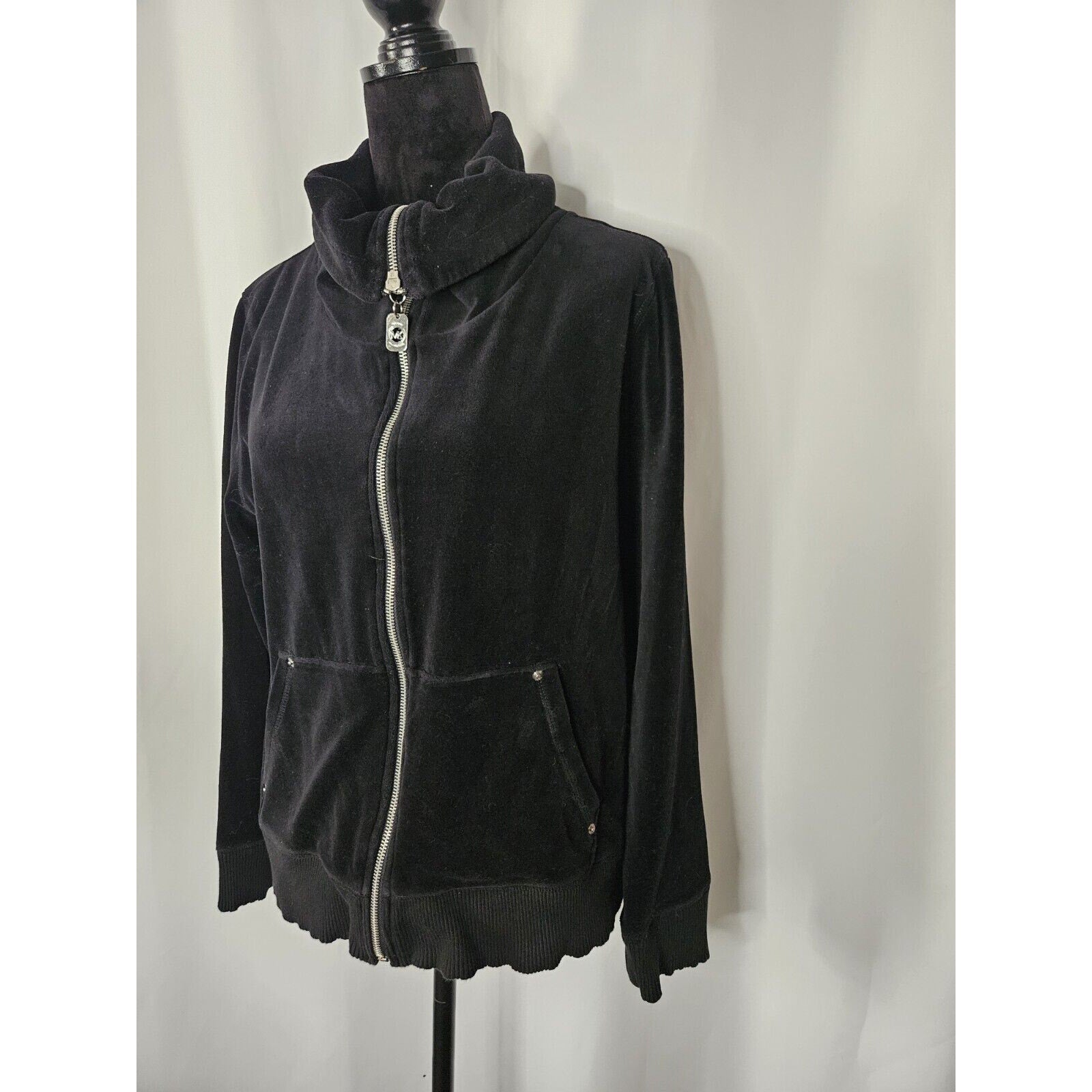 Michael Kors Velour Woman's XL Cowl Neck Full Zip Jacket Black Sweatshirt
