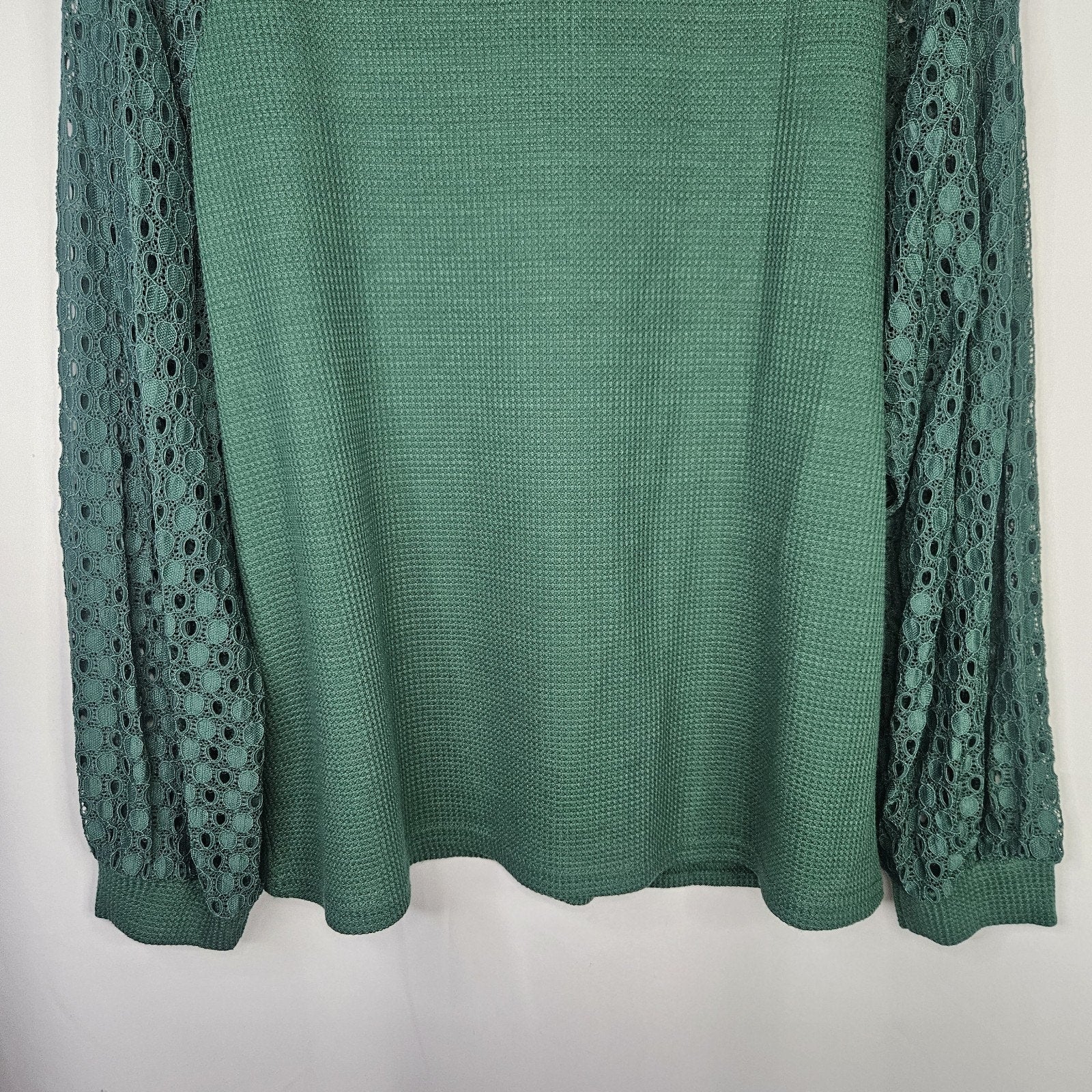 IWOLLENCE Women's Waffle Knit Blouse Lace Sleeves Henley Loose Fitting XL Green