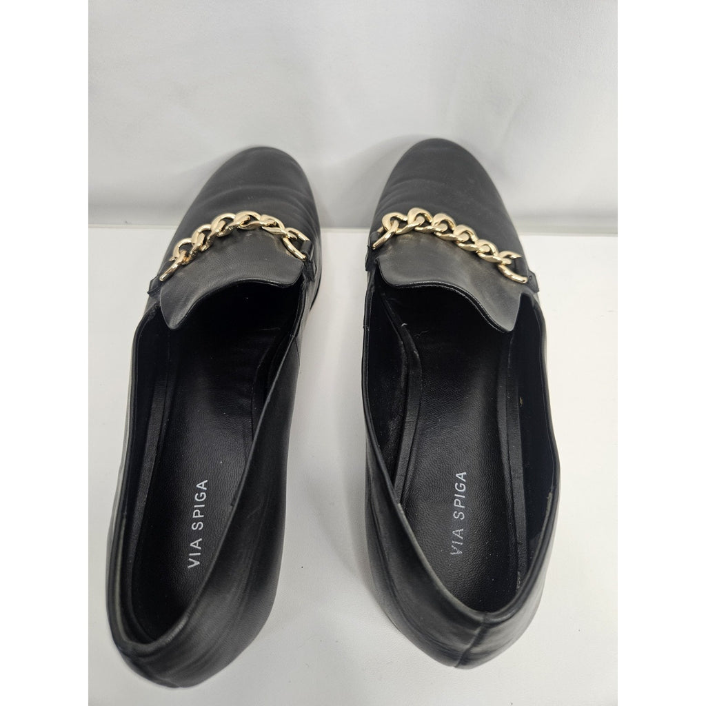 Via Spiga Women’s Leather Loafers Yania Size 7.5 M Black Gold Chain Link