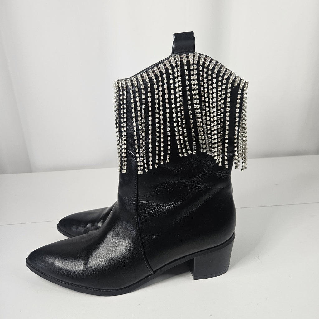 Embellished Rhinestone Fringe Black Edgy Western Boots 8.5 M Cowgirl Rodeo Glam