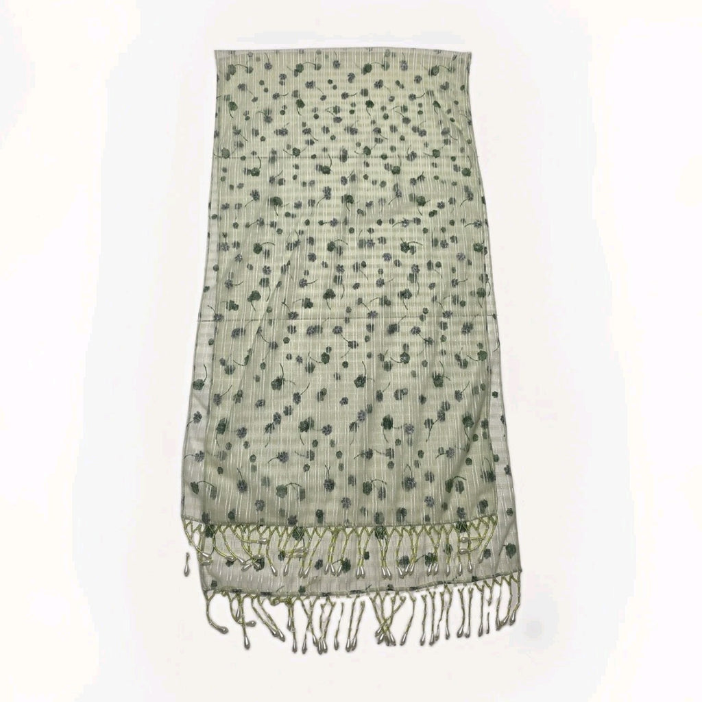 Vintage Chiffon Rectangle Scarf Beaded Fringe Light Green Metallic Flower 64x16"