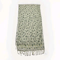 Vintage Chiffon Rectangle Scarf Beaded Fringe Light Green Metallic Flower 64x16"
