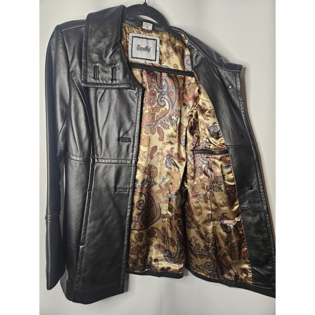 Vintage Excelled Womens Black Leather Jacket XS Midi 3 Button Collared