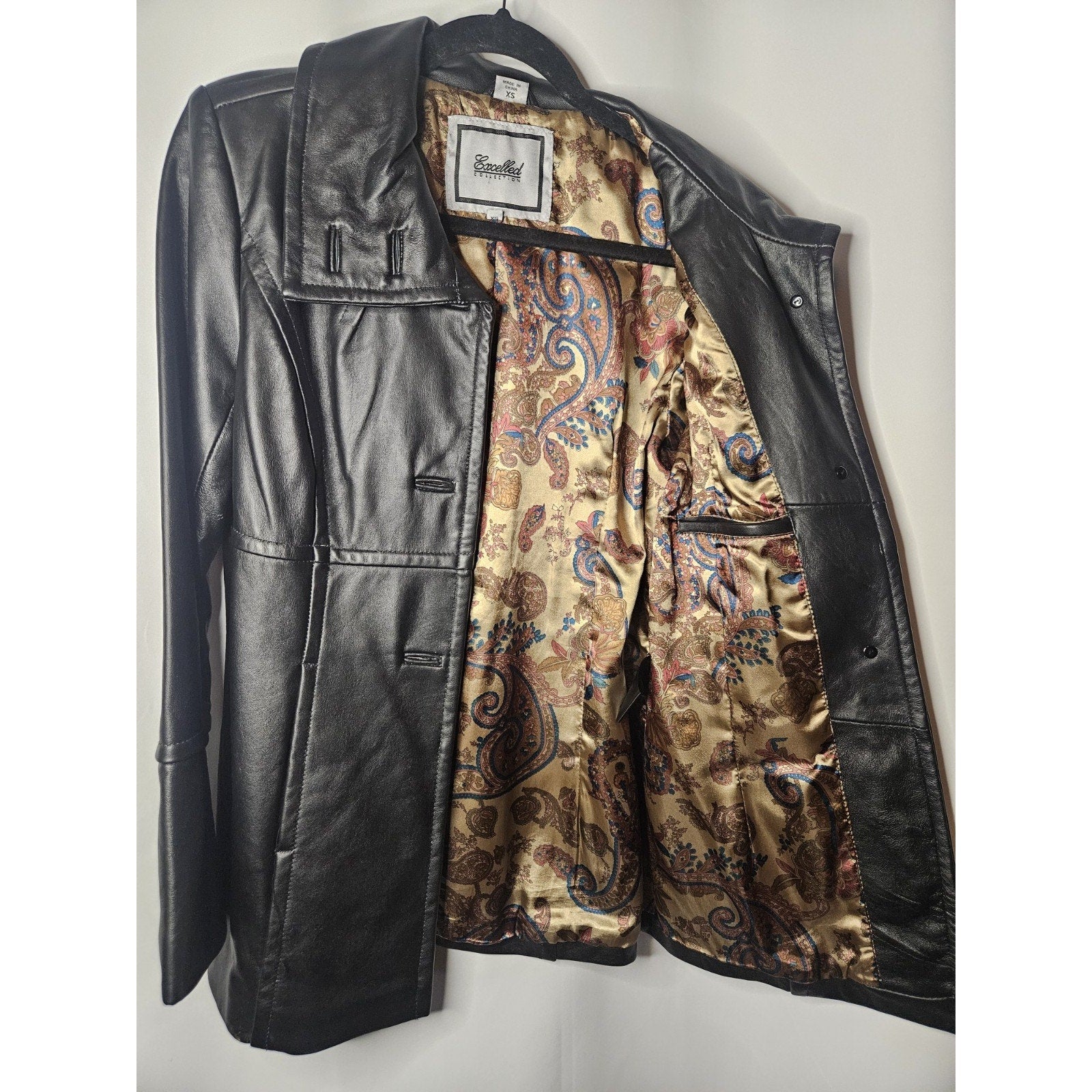 Vintage Excelled Womens Black Leather Jacket XS Midi 3 Button Collared