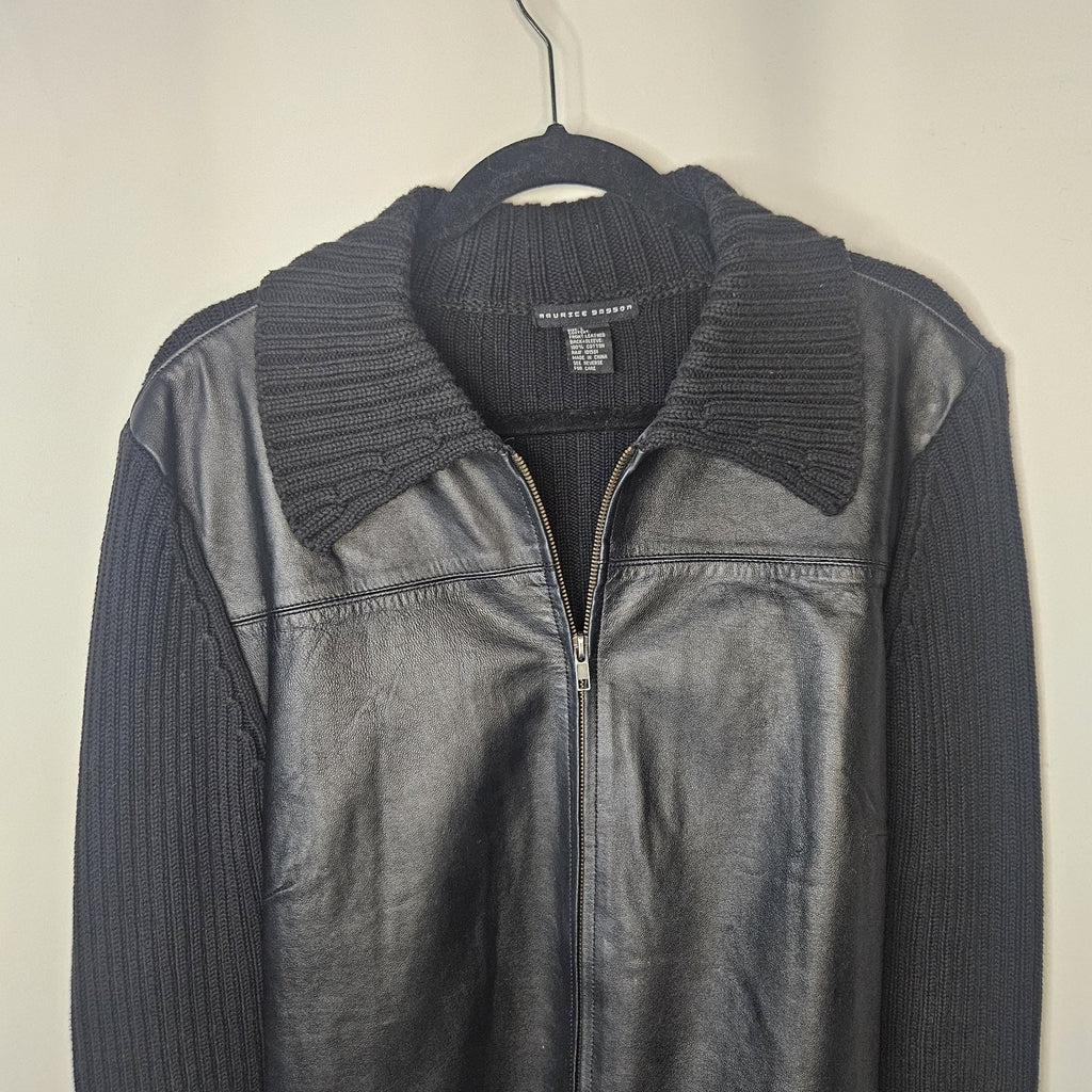 Leather Sweather Jacket By Maurice Sasson Large Vtg Black Sweater Coat