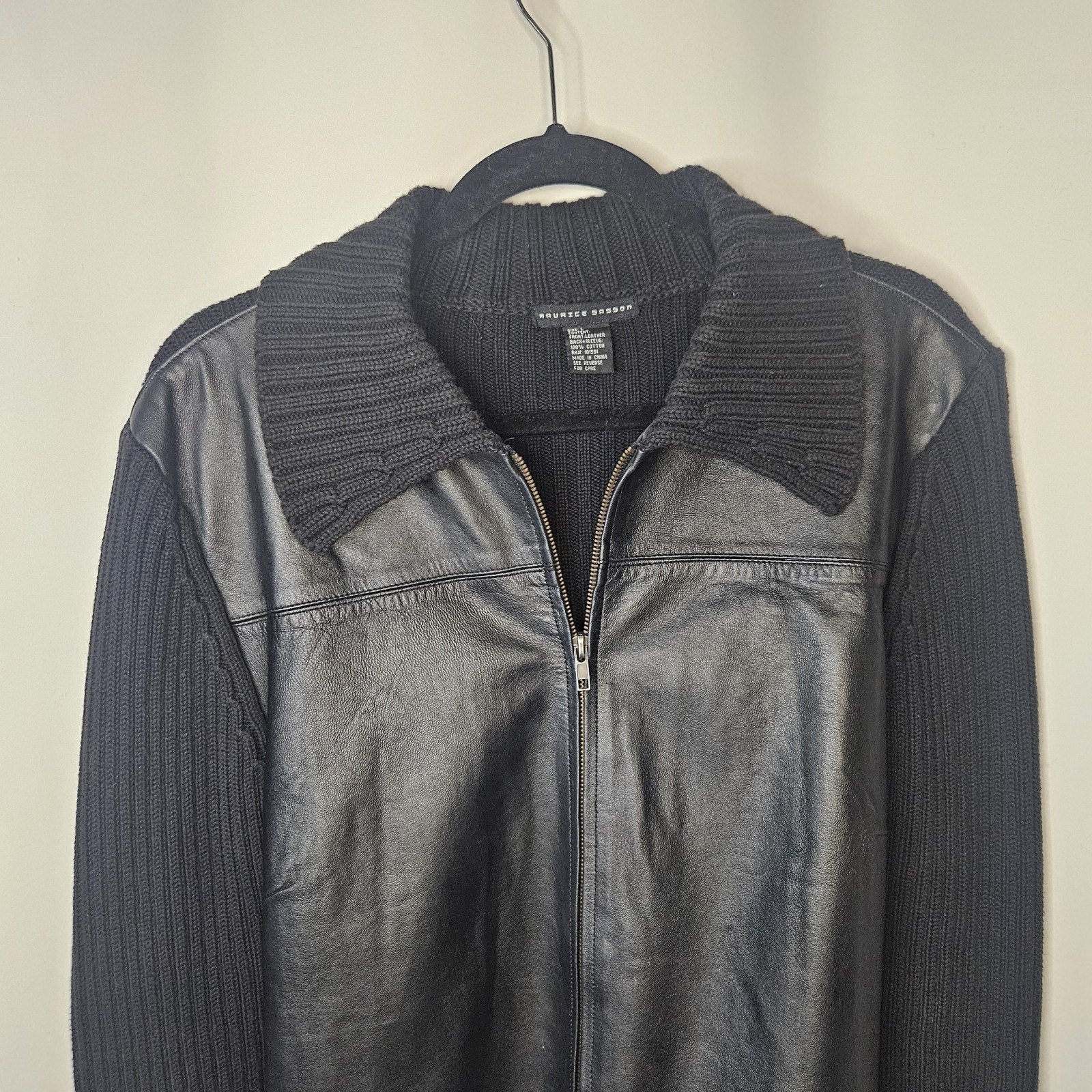 Leather Sweather Jacket By Maurice Sasson Large Vtg Black Sweater Coat