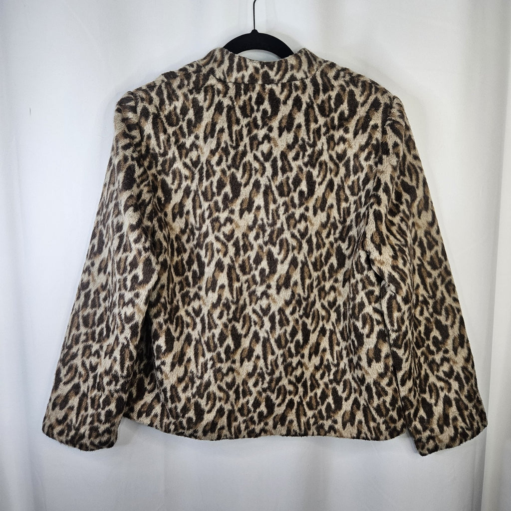 Chicos Fierce Womens Faux Fur Emma Jacket 2 Large Leopard Brown Tan Cheetah Coat