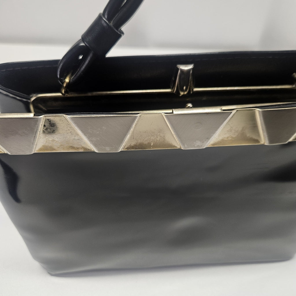 Vtg 1960s MCM Cara Shiny Black Patent Leather Bag Gold & Silver Trim Top Handles