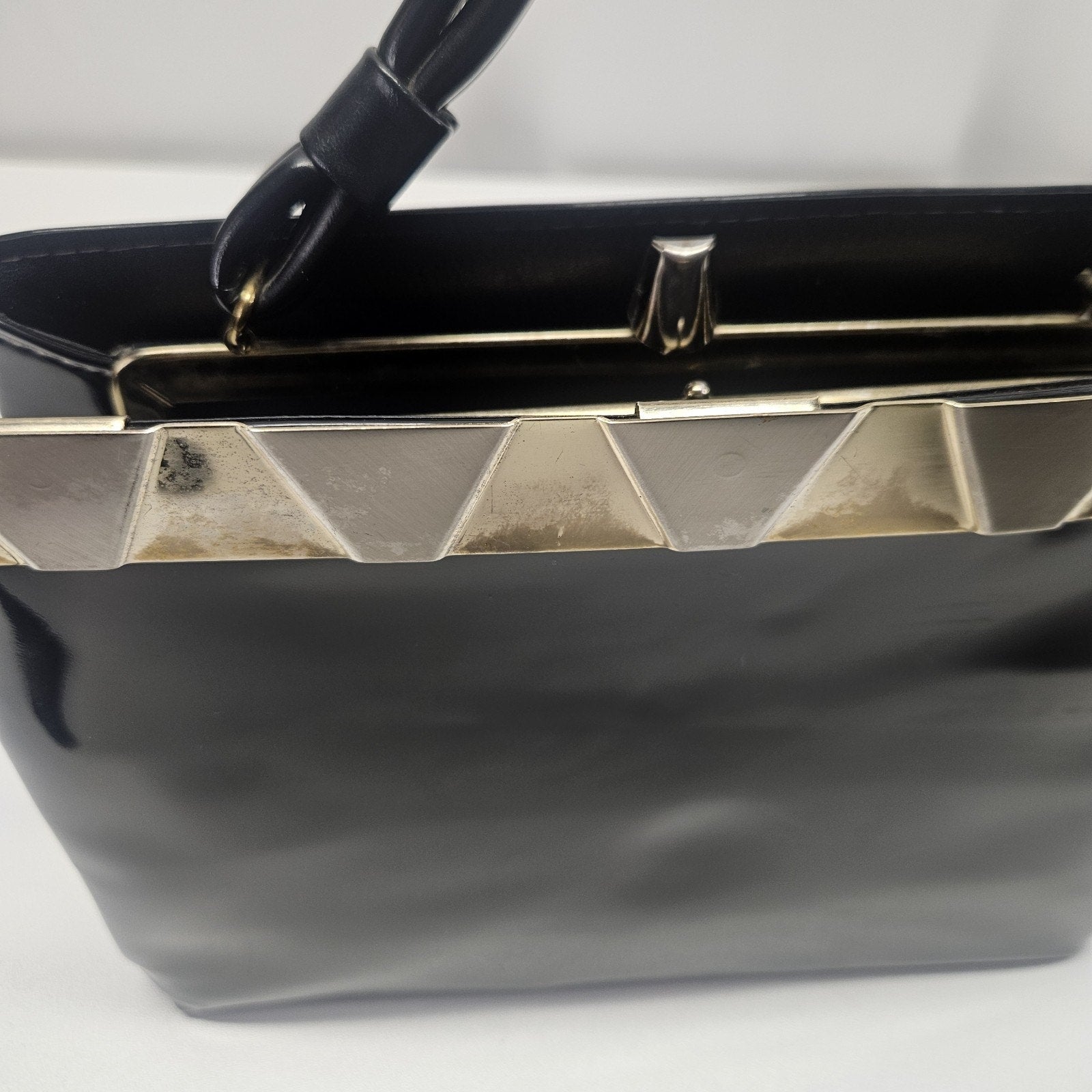 Vtg 1960s MCM Cara Shiny Black Patent Leather Bag Gold & Silver Trim Top Handles