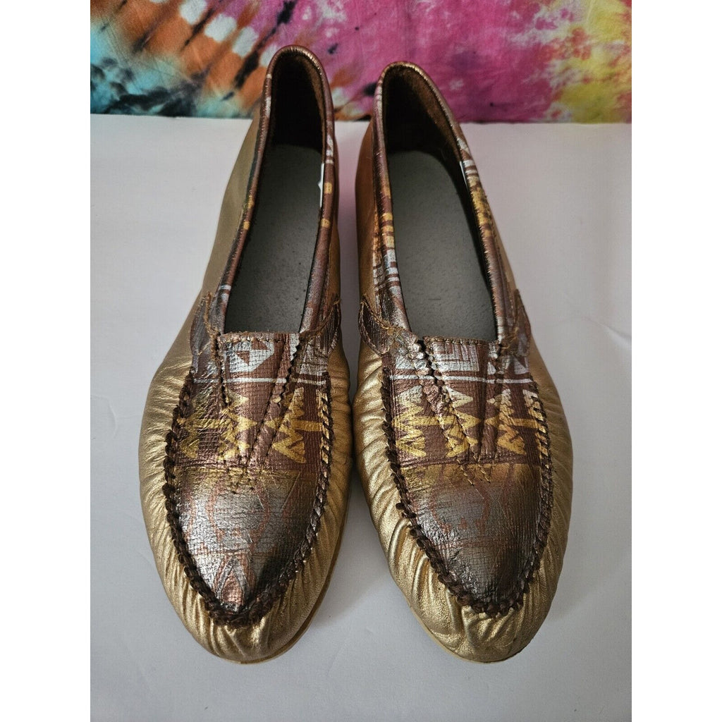Vintage 90s Gold Flat Slide On Slippers- Moccasin Style- Flats Size 11 XL