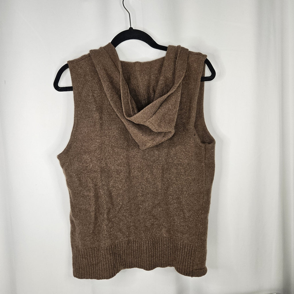 Vtg Womens NineSix 96 New York Brown Hooded Wool Button Up Knit Sweater Vest Med