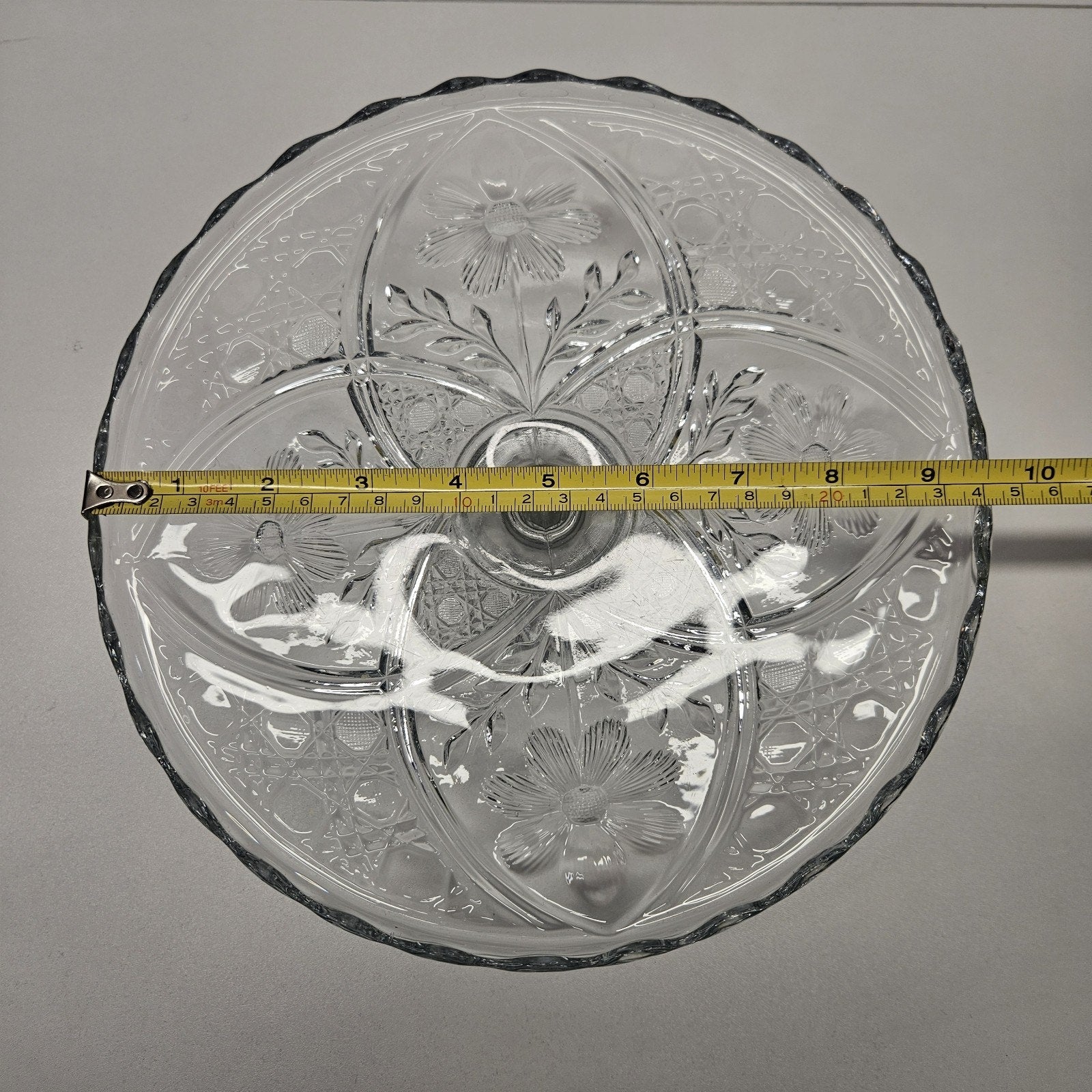 Indian Glass Floral Pattern Glass Diamond Point 9.5" Cake Stand Retro Serving