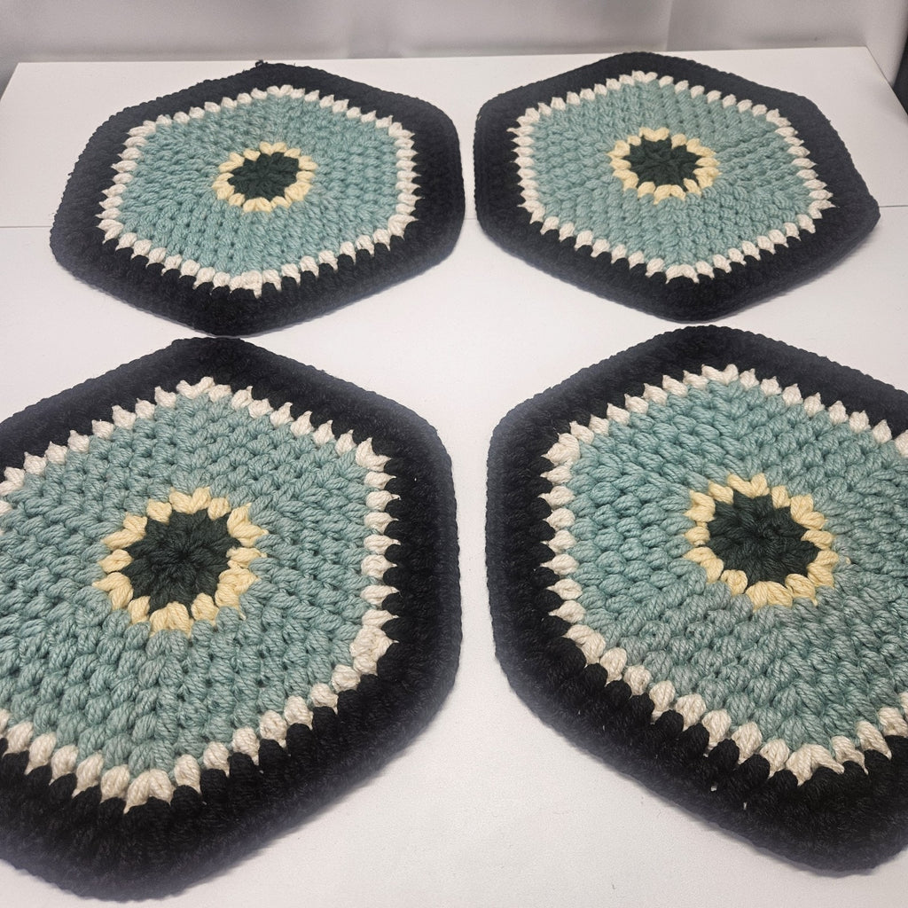 Crochet Knit Granny Square Placemats Set Of 4 Handmade Black Teal Cream Green