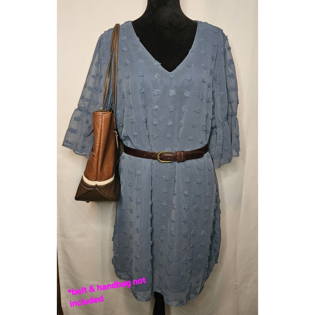 Blooming Jelly Womens Size XL Swiss Dot Flounce Sleeve Chiffon Tunic Dress Blue