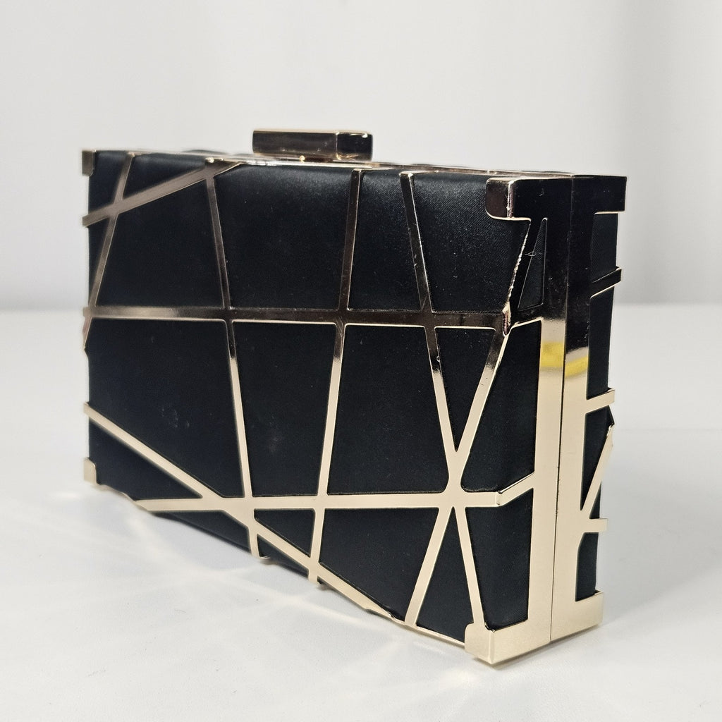 Lune Lazer Plated Clutch Bag Black Gold Chain Removable Strap Micro Purse