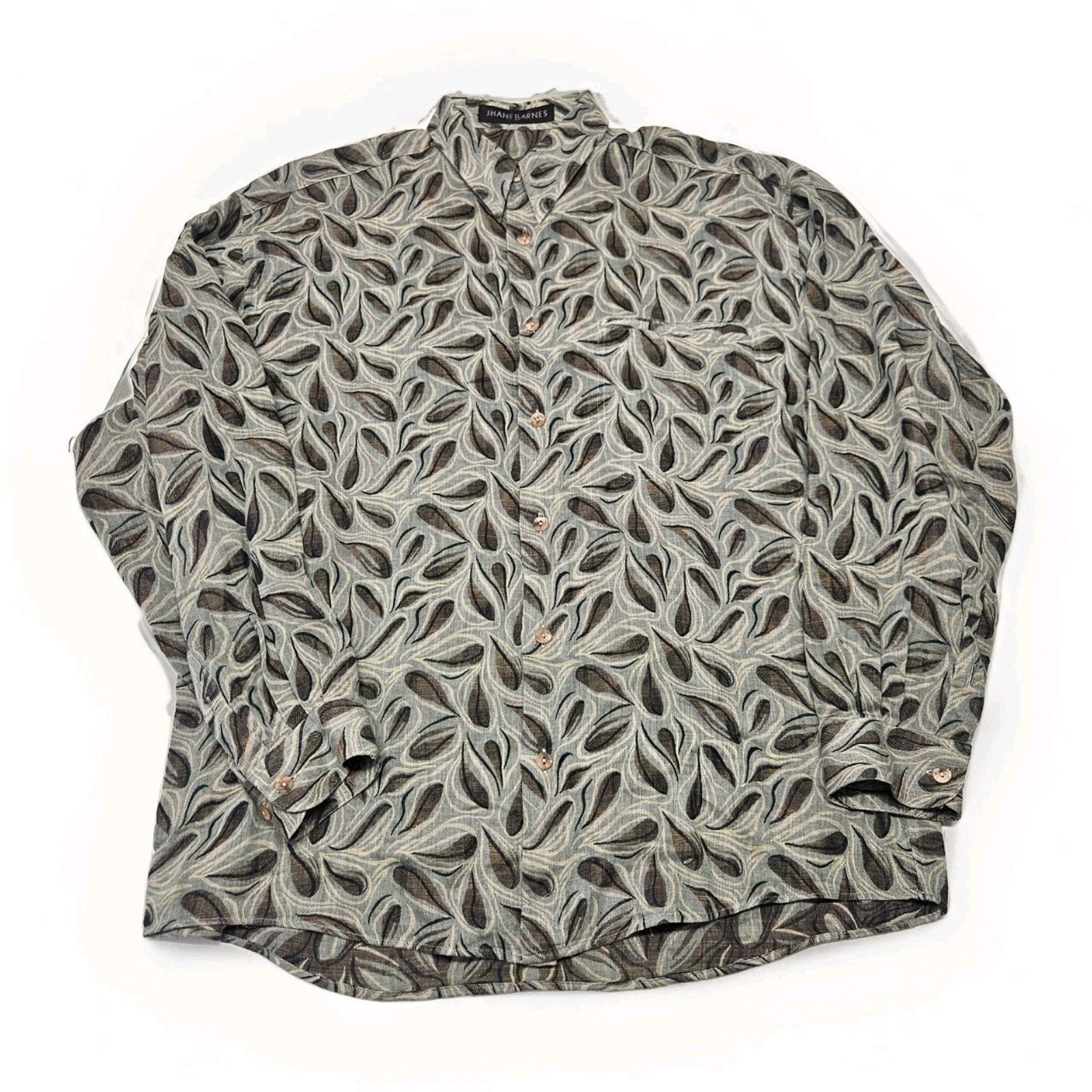 Vtg Jhane Barnes Long Sleeve Blue Green Abstract Woven Button Up Shirt Large