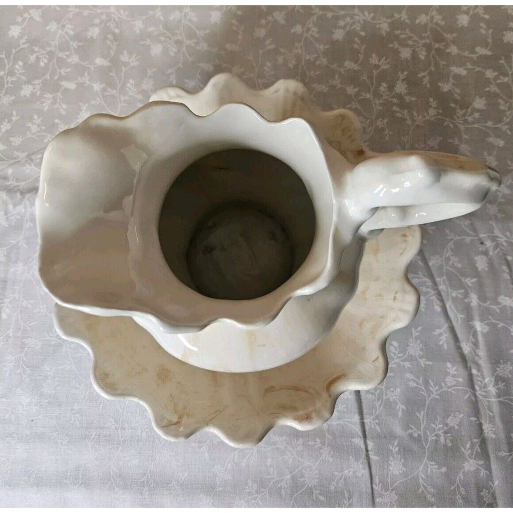 Vintage 80s Handmade Ceramic Cream & Orange 7.5" Pitcher & Bowl 9" Set Swirls