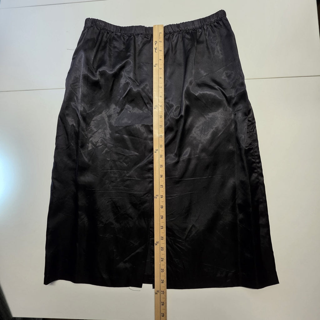 Vintage 1980s Skirt Suit Black Satin Peplum Jacket Blazer Embellished Lace Sz 14