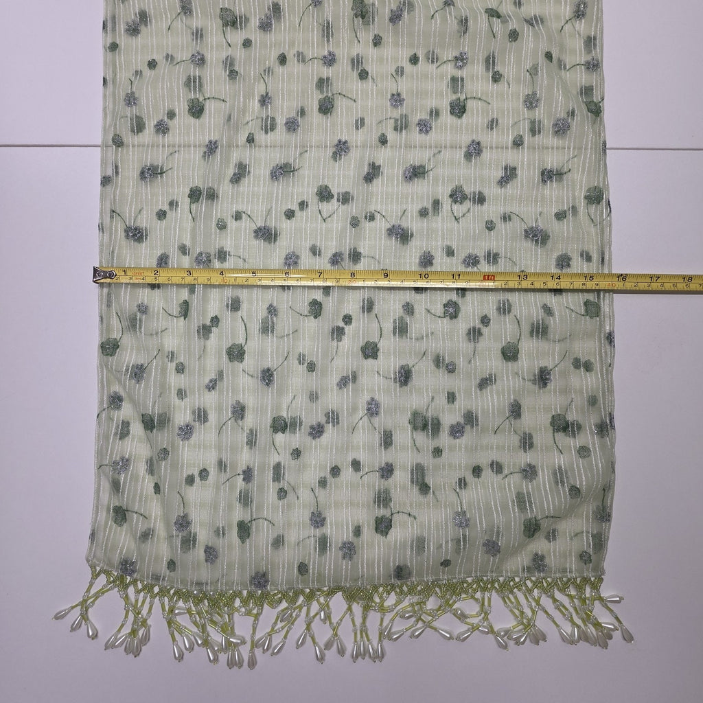 Vintage Chiffon Rectangle Scarf Beaded Fringe Light Green Metallic Flower 64x16"
