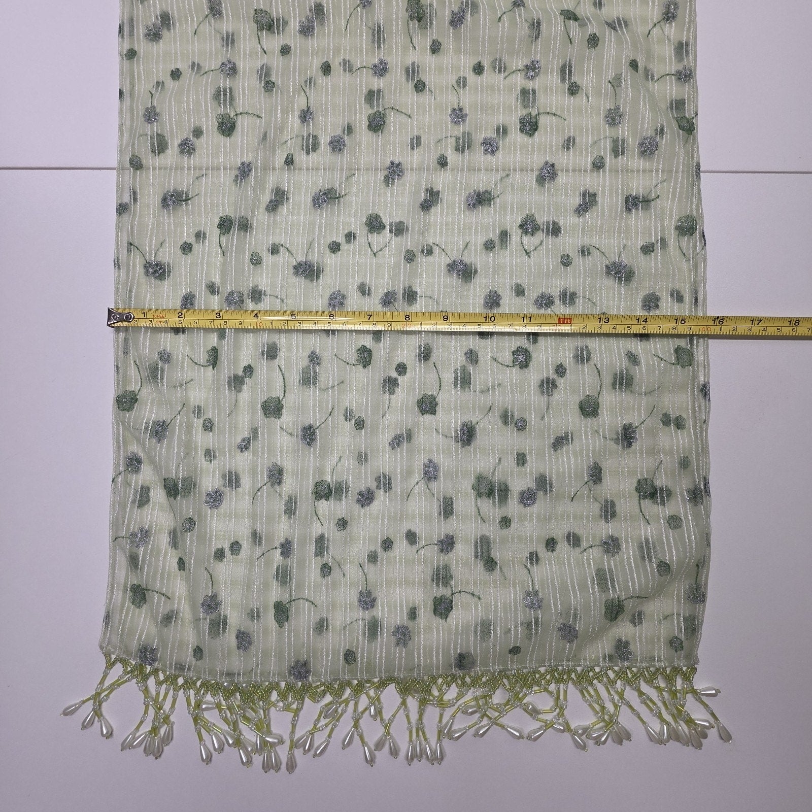 Vintage Chiffon Rectangle Scarf Beaded Fringe Light Green Metallic Flower 64x16"