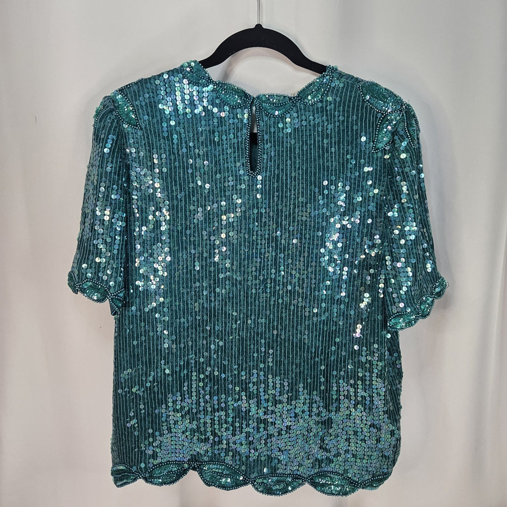 Sequin Beaded Silk Top 90s Vintage Teal Green Blouse Gatsby Glam Party Large