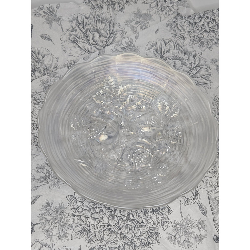 Antique Northwood White Carnival Glass Rose Show Deep Plate Iridescent Frosted