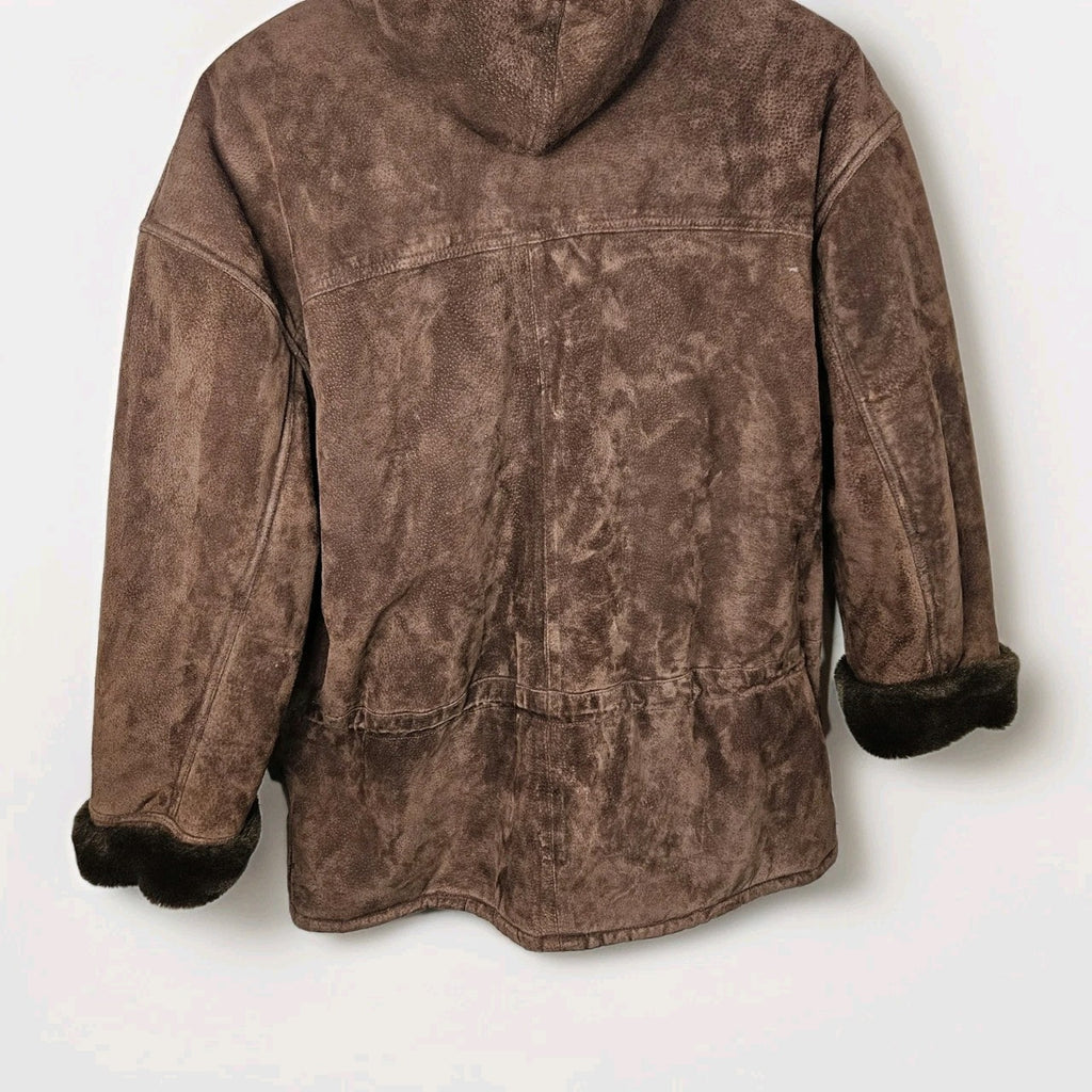 Vintage Synergy Oversized Leather Faux Shearling Coat Large Chocolate Brown
