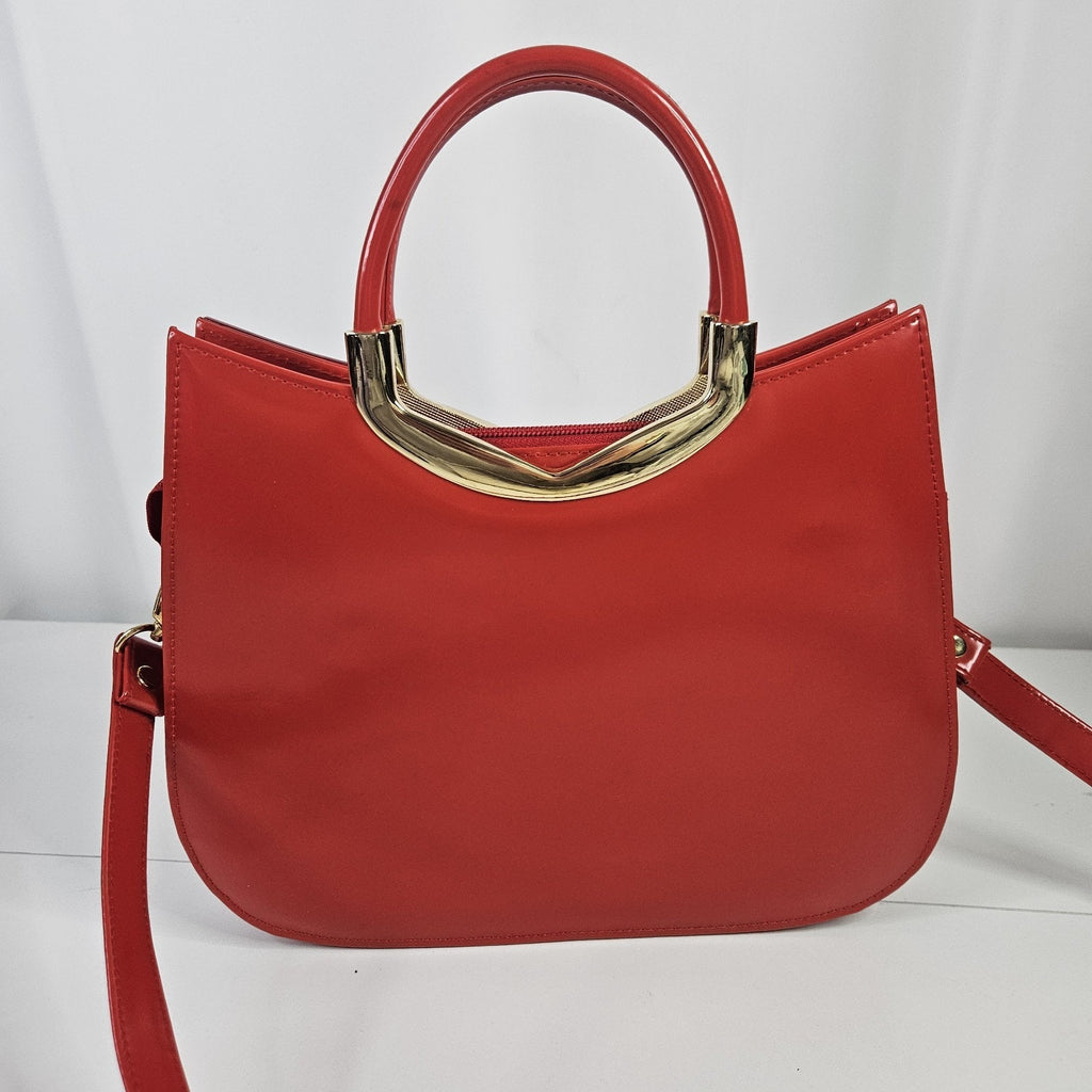 Retro Inspired Glossy Statement Handbag Red Gold Accents Acrylic Shoulder Purse
