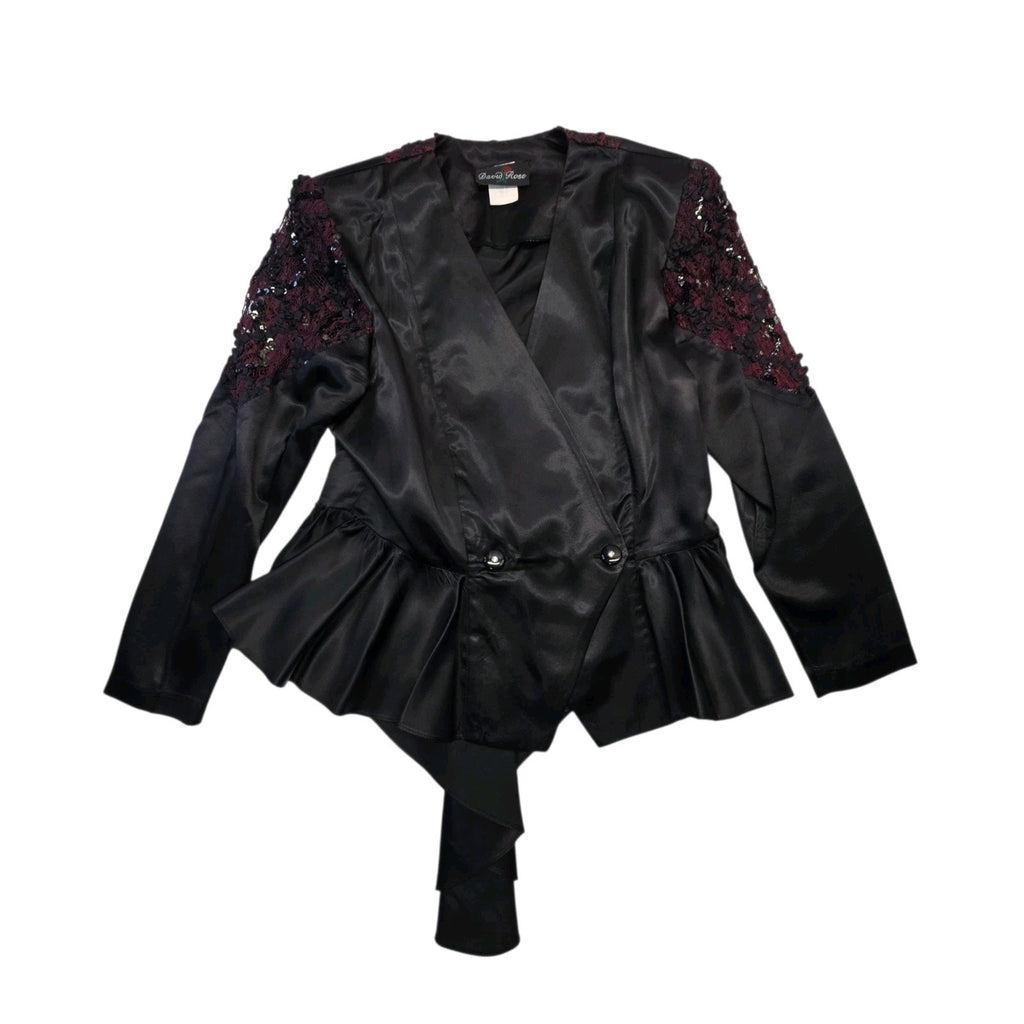 Vintage 1980s Skirt Suit Black Satin Peplum Jacket Blazer Embellished Lace Sz 14