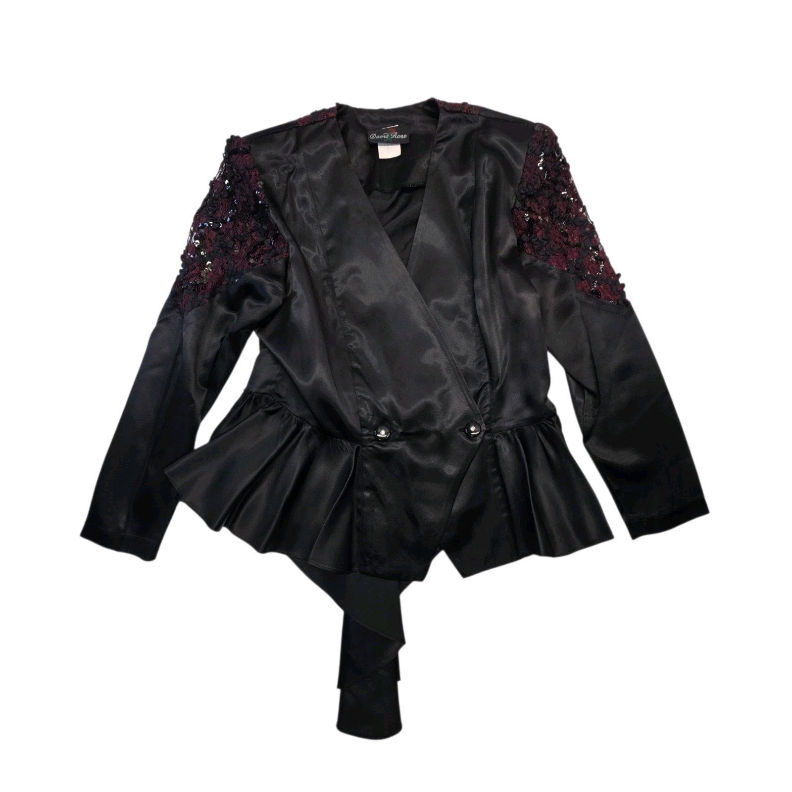 Vintage 1980s Skirt Suit Black Satin Peplum Jacket Blazer Embellished Lace Sz 14