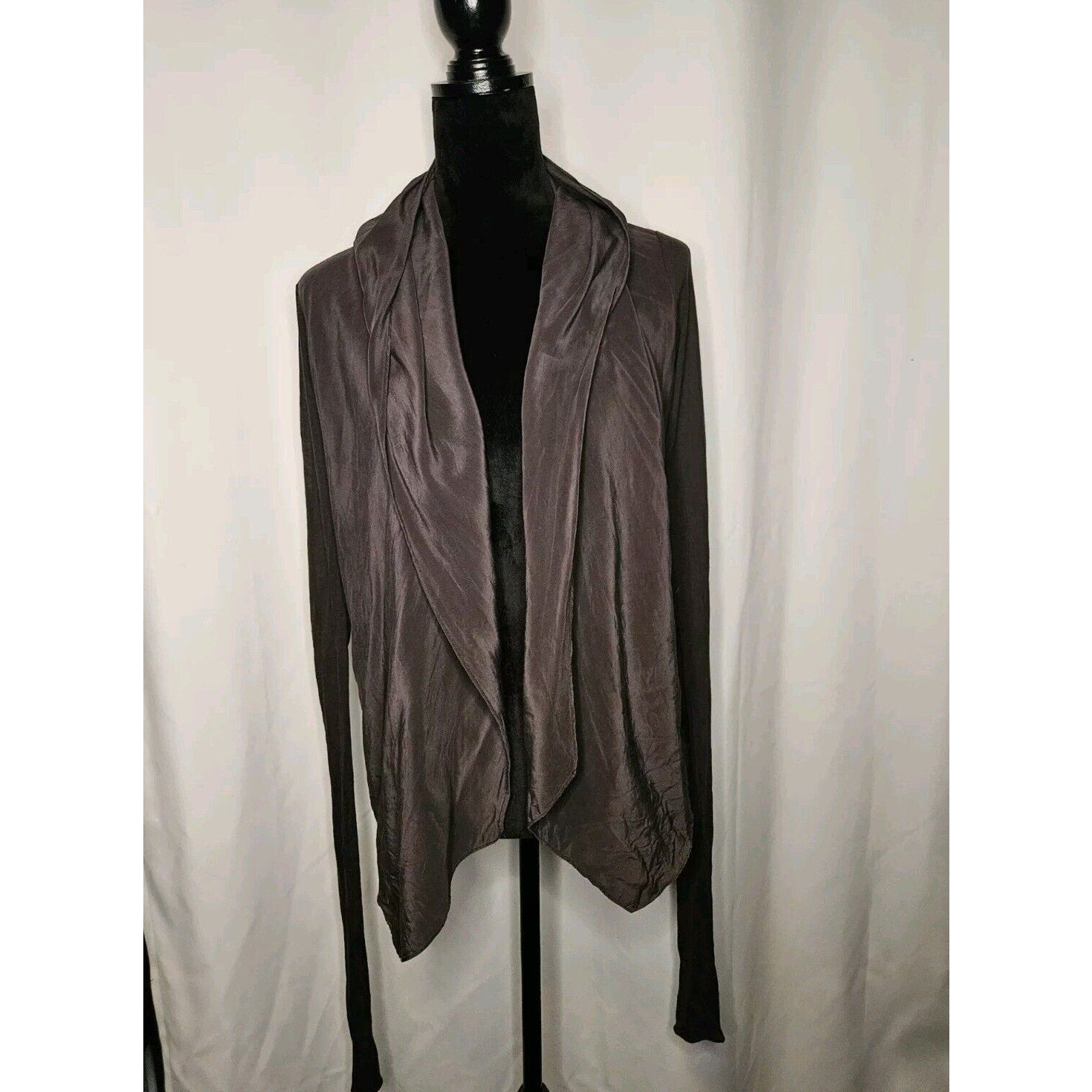 Lia Kes Gray Silk Asymmetrical Hooded Drape Cardigan XS High Fashion Lightweight