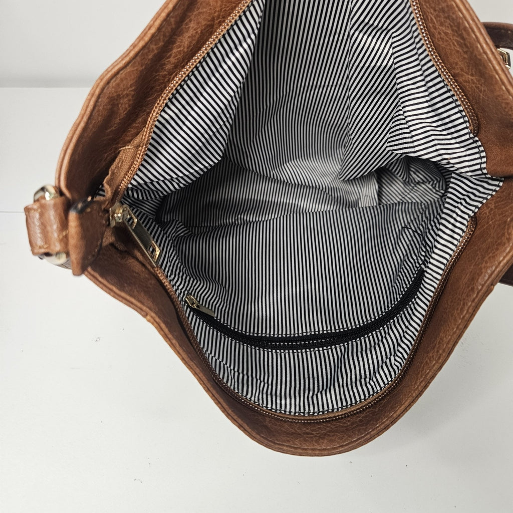 Brown Faux-Leather Crossbody Handbag Two Front Zip Pockets Shoulder Bag Purse