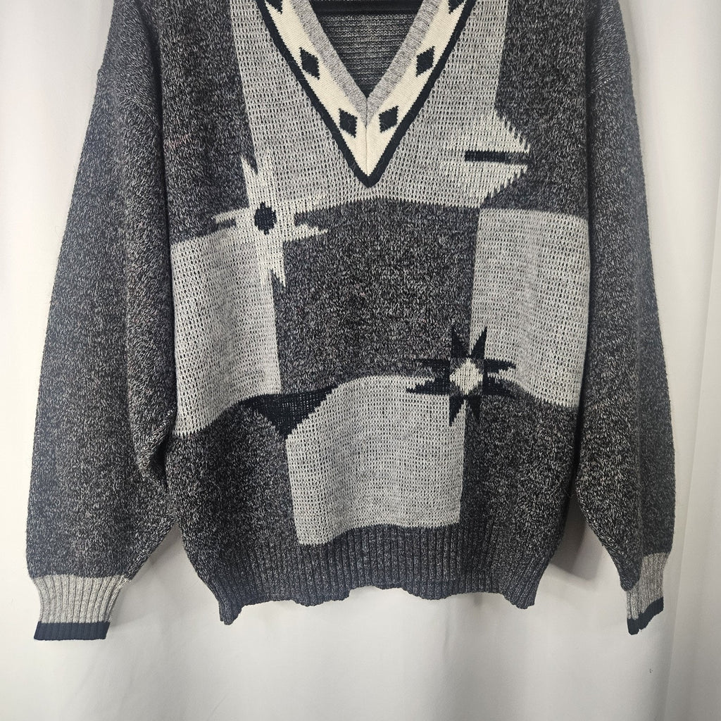 Vintage 80s London Fog Gray Acrylic Alpaca Vneck Sweater Mens TXL USA Geometric