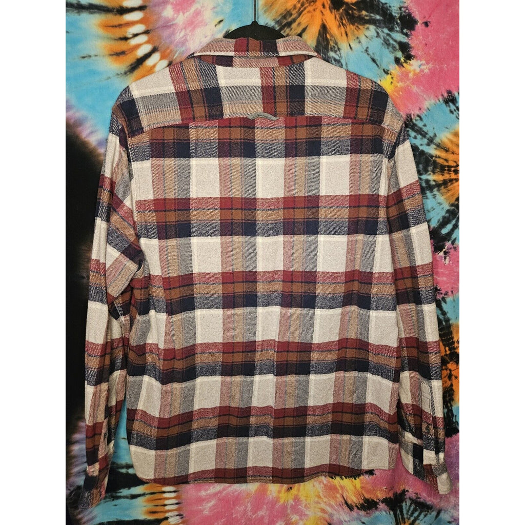 Flag & Anthem 100% Cotton Flannel Button Up Shirt L Blue Red Tan Long Sleeve
